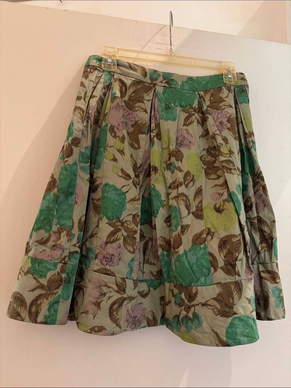 Odille Floral Pleated Skater Skirt in Green, Lavender, and Brown